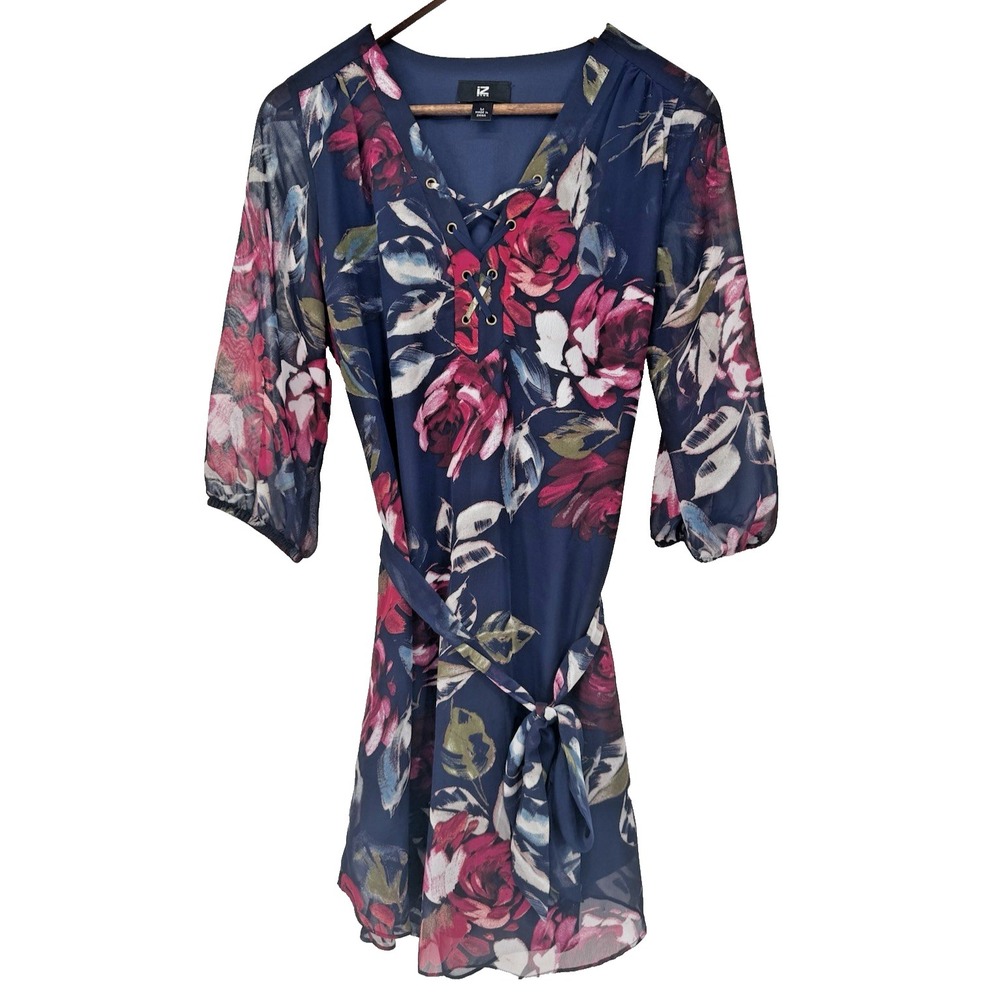 IZ Byer Dress‎ Blue Floral Lace-Up Belted Waist Lined fairycore sheer wedding M